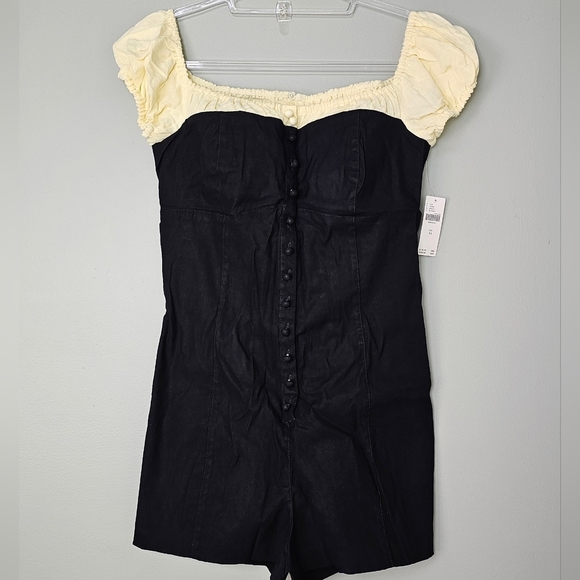 Maeve Off-The-Shoulder Shirred Linen Micro Romper, Black & Yellow, Size 14 - Picture 7 of 13